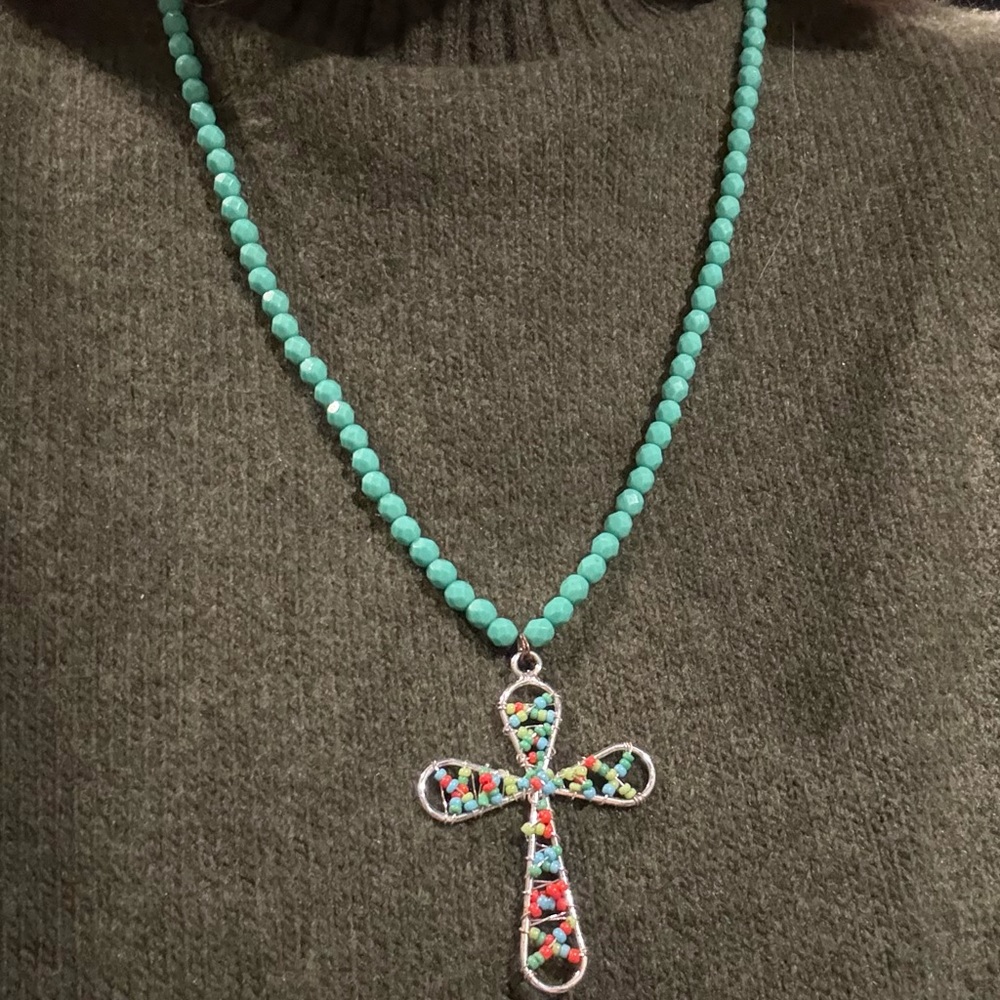 Turquoise Faceted Bead Necklace with Multicolor Cross Pendant